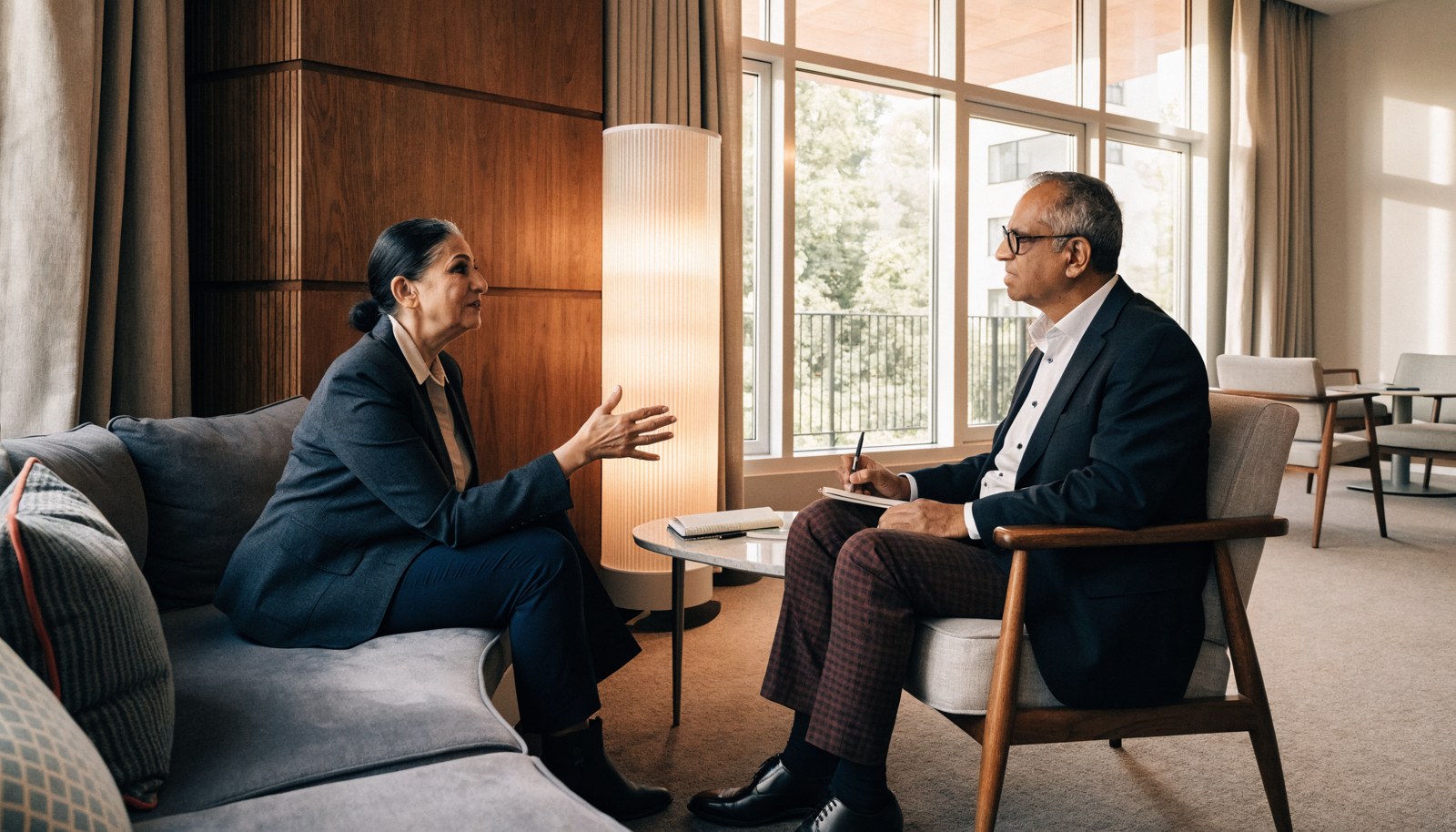 Two professionals discussing business requirements in an office lounge.